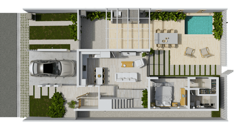 PLANTA ARQ 3D 1ER NIVEL CASA TIPO A COCINA BLANCA